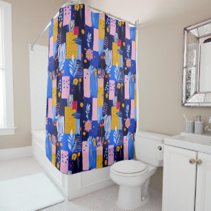 Navy Pink Yellow Geometric Botanical Shower Curtain