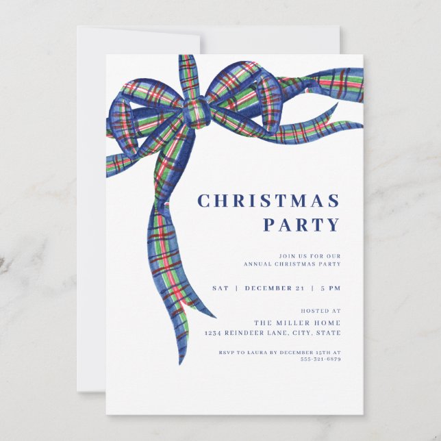 Navy Plaid Bow Holiday Christmas Party Invitation (Front)