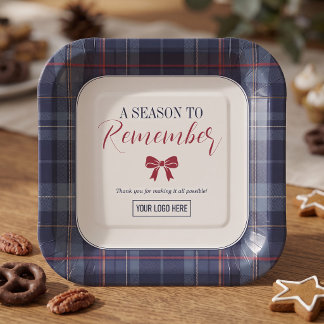 Navy Plaid Corporate Holiday Party Paper Plate