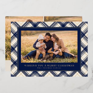 Navy Plaid Frame Merry Christmas Family Photo