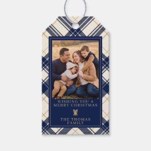 Navy Plaid Merry Christmas Family Photo Gift Tags