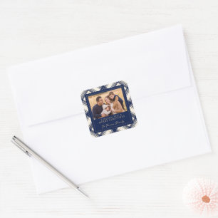 Navy Plaid Merry Christmas Family Photo Square Sticker