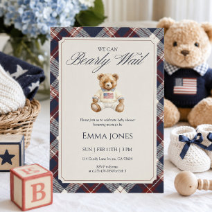 Navy Plaid Teddy Bear Baby Shower Invitation