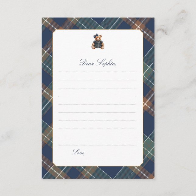 Navy Plaid Teddy Bear Girl Time Capsule Card (Front)
