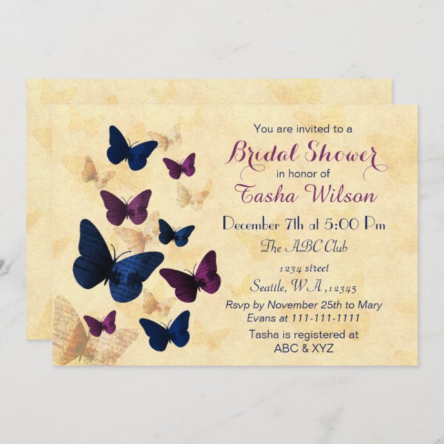 Navy Plum Butterflies Rustic brida shower invites (Front/Back)
