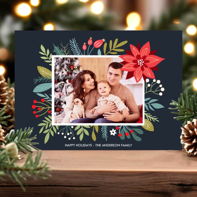 Navy Poinsettia Bouquet Christmas Photo Card (Creator Uploaded)