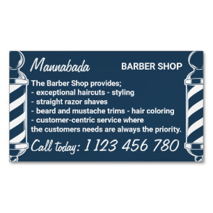 Navy pole barbering on the go barbershop magnetic business card