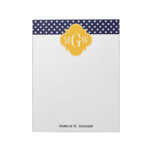 Navy Polka Dot Goldenrod Quatrefoil 3 Monogram Notepad
