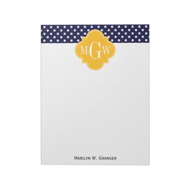 Navy Polka Dot Goldenrod Quatrefoil 3 Monogram Notepad (Rotated)