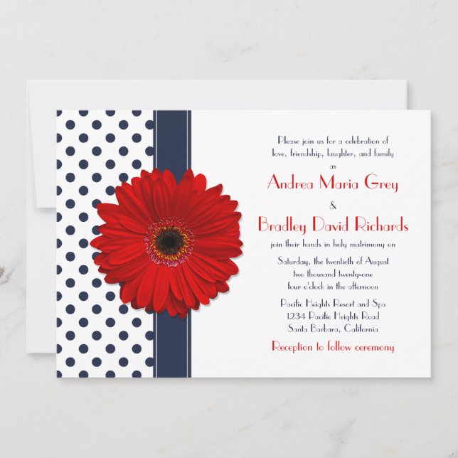 Navy Polka Dot Red Daisy Wedding Invitation (Front)