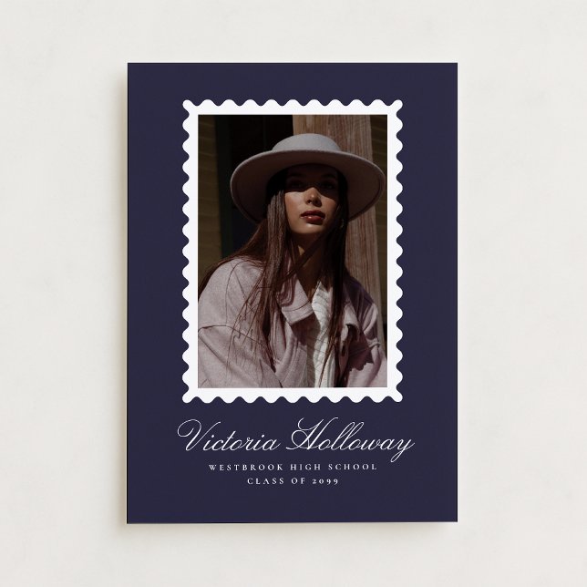 Navy Postage Stamp photo Graduation Announcement (Creator Uploaded)