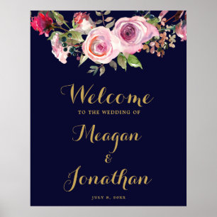 navy purple floral wedding welcome sign