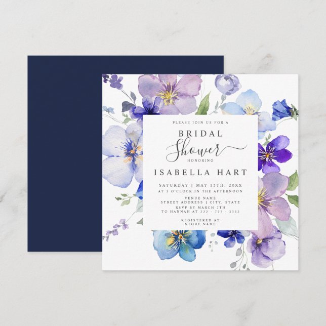 Navy Purple Mauve Pansy Viola Floral Bridal Shower Invitation (Front/Back)
