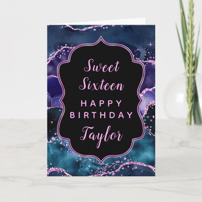 Navy Purple Ocean Agate Sweet 16 Happy Birthday Card (Front)