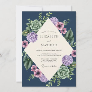 Navy Purple Succulent Eucalyptus Wedding Invitation
