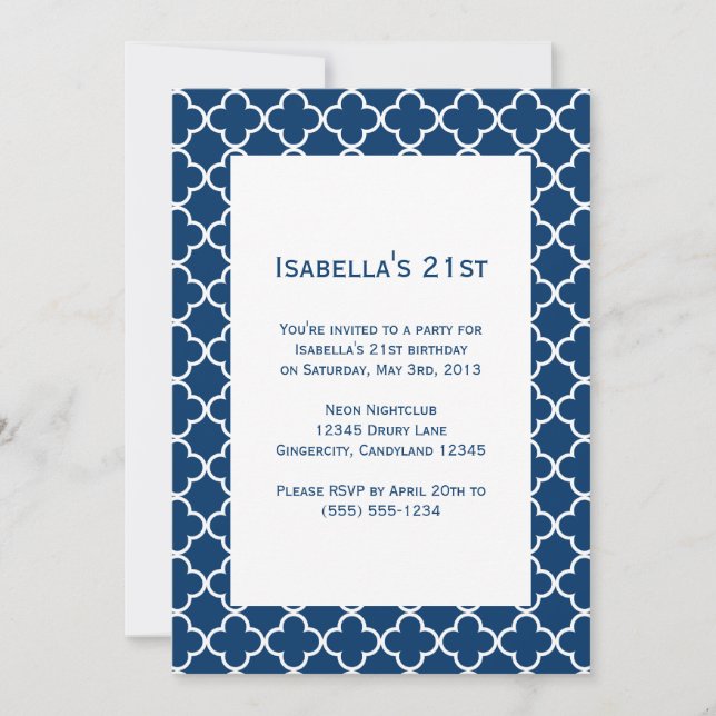 Navy Quatrefoil Birthday Invitation (Front)