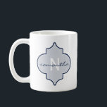 Navy Quatrefoil Monogram Coffee Mug<br><div class="desc">Navy blue quatrefoil design with name and monogram.</div>