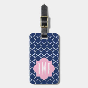 Navy Quatrefoil & Pink Monogram Luggage Tag