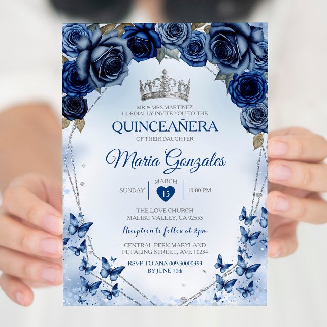 Navy Quinceañera Silver Crown Butterfly 15 Anos Invitation (Creator Uploaded)