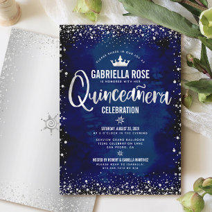 Navy Quinceañera Silver Glitter Princess Crown Invitation