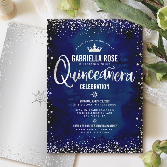 Navy Quinceañera Silver Glitter Princess Crown Invitation (Creator Uploaded)