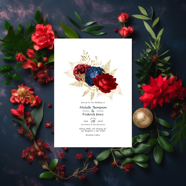 Navy, Red and Gold Floral Wedding Invitation (Creator Uploaded)