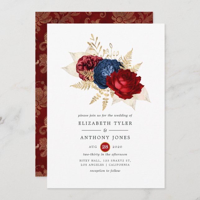 Navy, Red and Gold Floral Wedding Invitation (Front/Back)