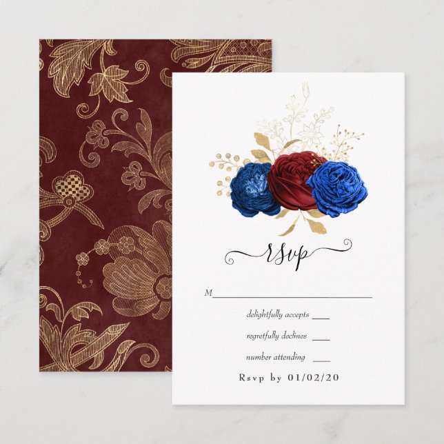 Navy, Red and Gold Floral Wedding RSVP Card (Front/Back)