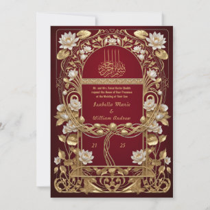 Navy Red Antique Gold Islamic Floral Wedding Invitation