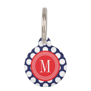 Navy & Red Big Polka Dots Monogrammed Pet Tag
