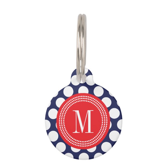 Navy & Red Big Polka Dots Monogrammed Pet Tag (Front)