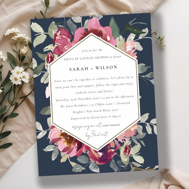 NAVY RED BLUSH ROSE FLORAL DRIVE BY COUPLES SHOWER POSTCARD (Creator Uploaded)