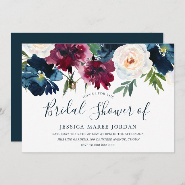 Navy & Red Burgundy Flowers Bridal Shower Invitation (Front/Back)