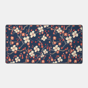 Navy Red Cherry Blossom Japanese Floral Desk Mat