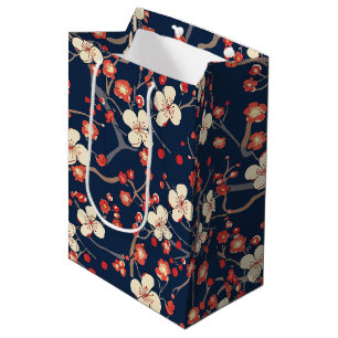 Navy Red Cherry Blossom Japanese Floral Medium Gift Bag