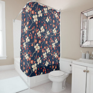 Navy Red Cherry Blossom Japanese Floral Shower Curtain