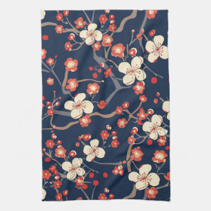 Navy Red Cherry Blossom Japanese Floral Tea Towel