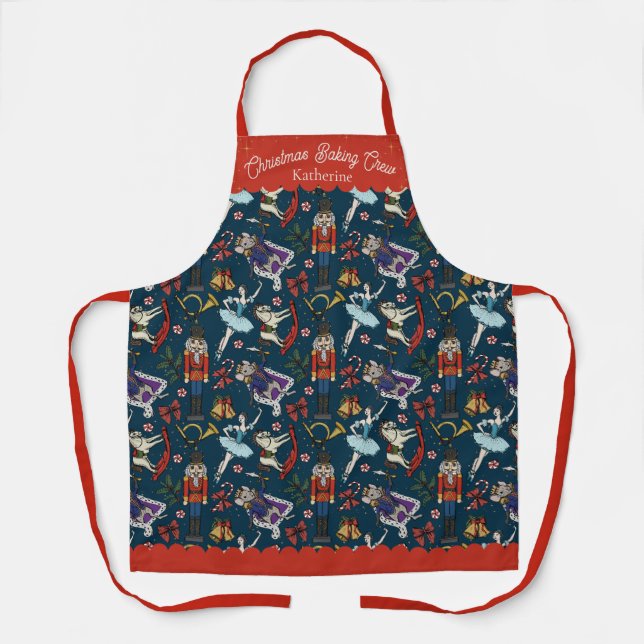 Navy & Red Christmas Baking Crew Nutcracker Ballet Apron (Front)