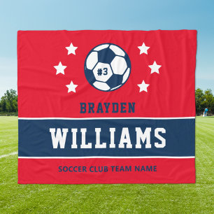 Navy Red Custom Soccer Name and Number Fleece Blanket