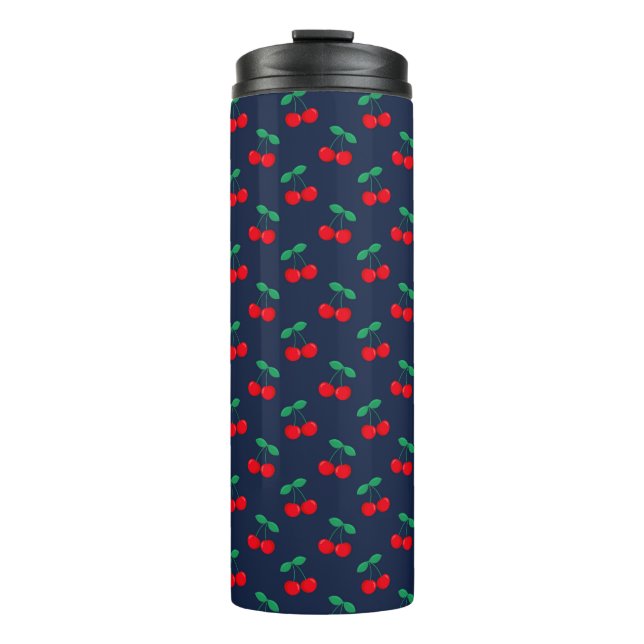 Navy & Red Cute Summer Red Cherries Thermal Tumbler (Front)