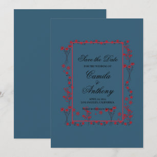 Navy Red Floral Border Wedding Save The Date Invitation