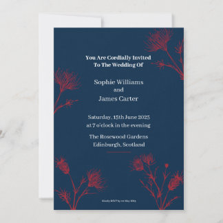 Navy Red Floral Botanical Personalized Wedding Inv Invitation