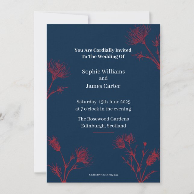 Navy Red Floral Botanical Personalized Wedding Inv Invitation (Front)