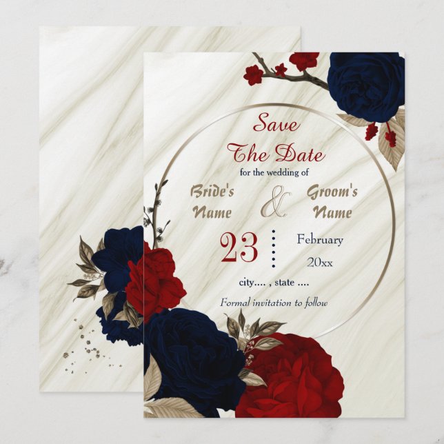 navy red flowers bronze leaves geometric  save the date (Front/Back)