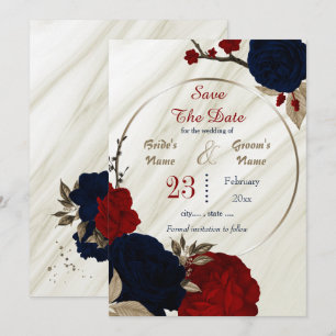 navy red flowers bronze leaves geometric save the date