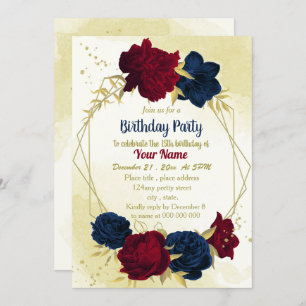navy red flowers gold leaves birthday  invitation
