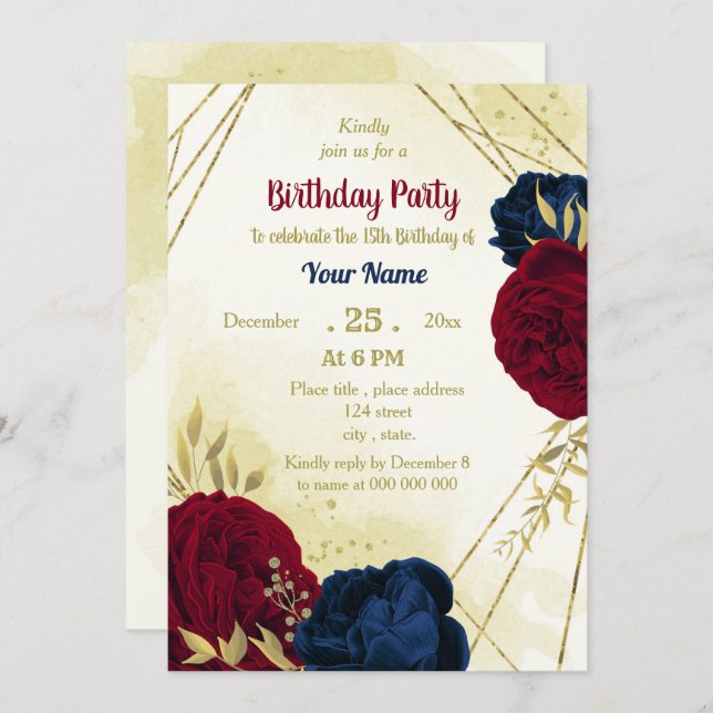 navy red flowers gold leaves birthday  invitation (Front/Back)