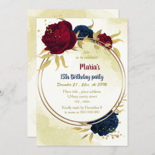 navy red flowers gold leaves birthday invitation