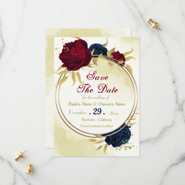 navy red flowers gold leaves save the date (Front/Back In Situ)