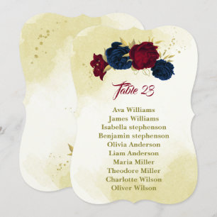 navy red flowers gold leaves seating chart card